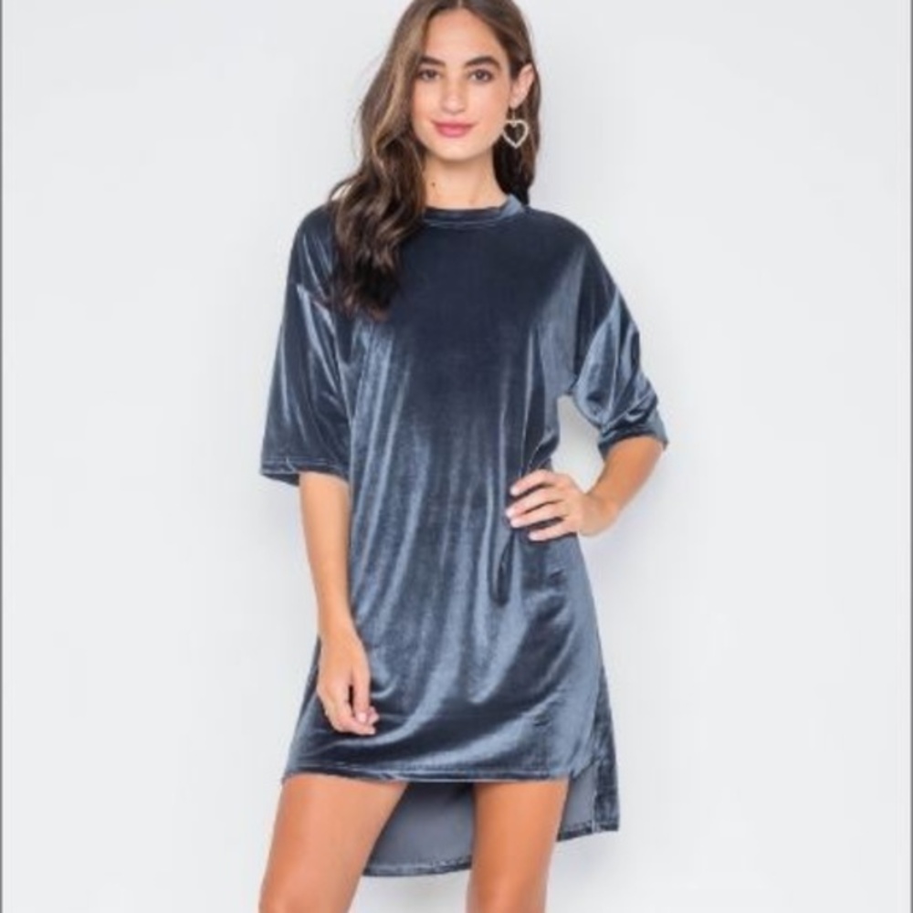 Loveriche Midnight/Blue Velvet Oversized High Lo Shirt Dress